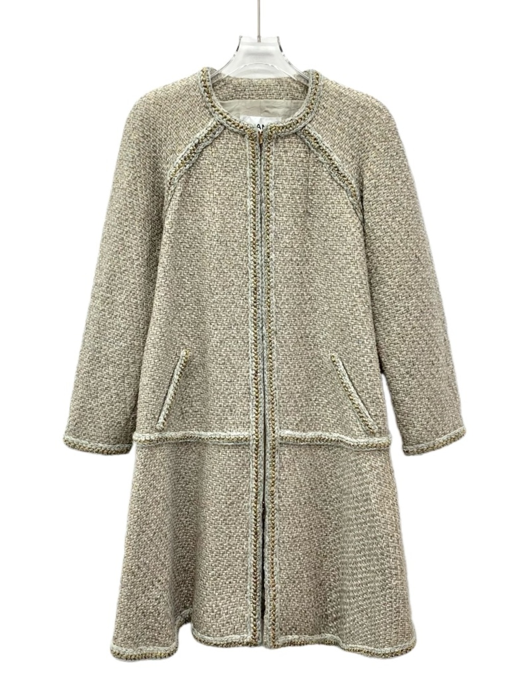 Chanel Beige-Gray Gold-Threaded Tweed Round-Neck Long-Sleeve Coat